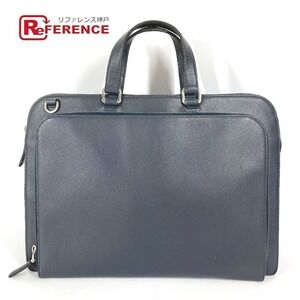 Prada Triangle Logo Plat Handbag Business Bag Saffiano Leather Navy Blue